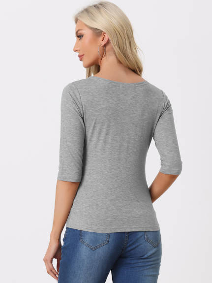 Allegra K- Elbow Sleeves Round Neck Slim Fit Tee