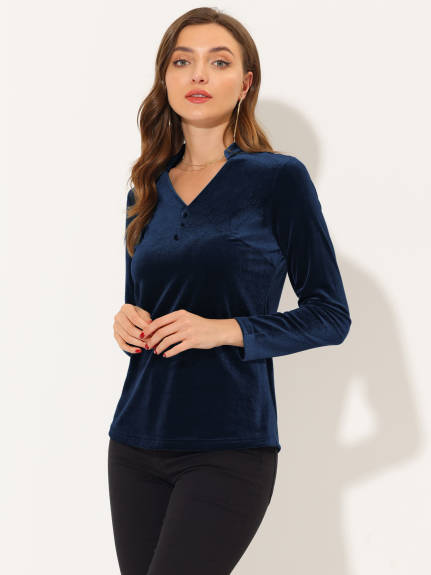 Allegra K- Long Sleeve V Neck Velvet Shirt