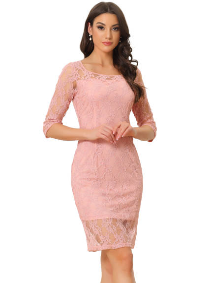 Allegra K- Lace 3/4 Sleeve Square Neck Midi Straight Tired Dress