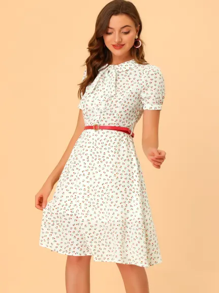 Allegra K- Peter Pan Collar Tie Neck Belted Floral Dress