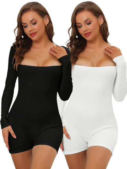 Allegra K - Square Neck Long Sleeve Full Bodysuit Pack