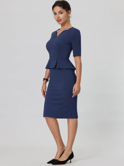 Hobemty- V Neck Peplum Pencil Sheath Dress