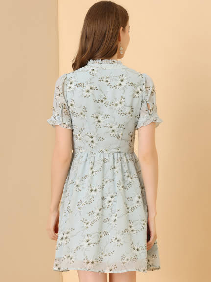 Allegra K- Floral Half Placket Chiffon Dress