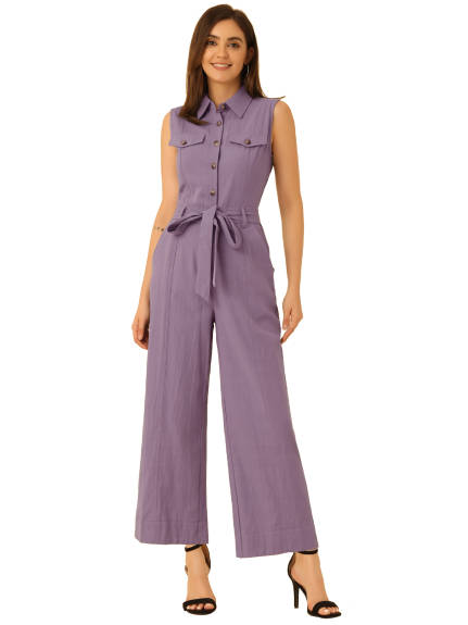 Allegra K- Sleeveless Collared Tie Waist Coverall Button Down Jumpsuit