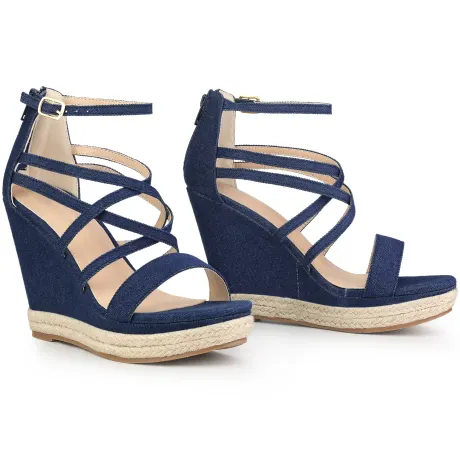 Allegra K - Platform Strappy Denim Wedge Sandals