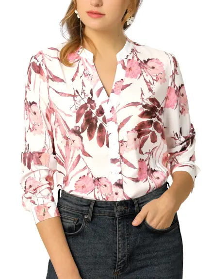 Allegra K- V Neck Long Sleeve Floral Shirt Blouse