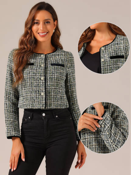 Allegra K- Tweed Plaid Short Jacket