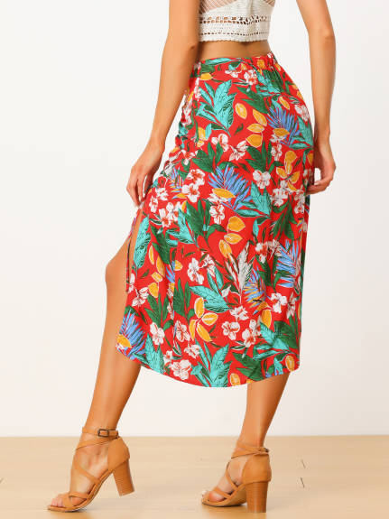 Allegra K- Flowy Ruched Front Floral Midi Skirt