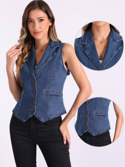 Allegra K - Notched Lapel Button Down Denim Vest