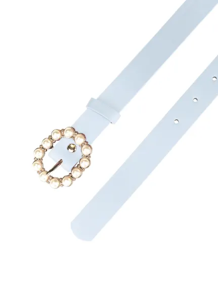 Allegra K- Pearl Waistband Skinny Leather Pin Buckle Belt