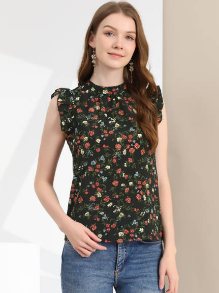 Allegra K - Casual Stand Collar Sleeveless Summer Floral Top