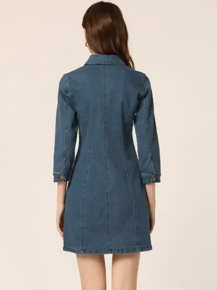 Allegra K- Robe chemise slim en jean à manches 3/4