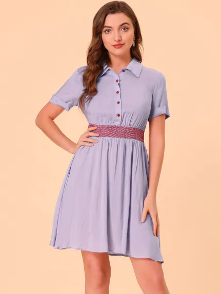 Allegra K- A-line Buttons Smocked Color Block Summer Flare Dress