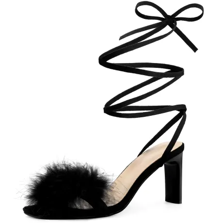 Allegra K - Faux Fur Slingback Block Heel Sandals