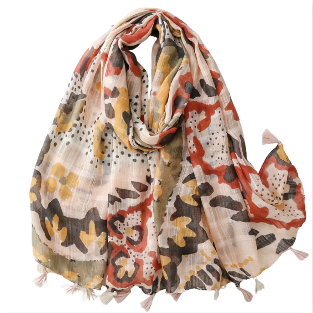 Red, Brown, and Mustard Floral Scarf with Tassels - Don't AsK