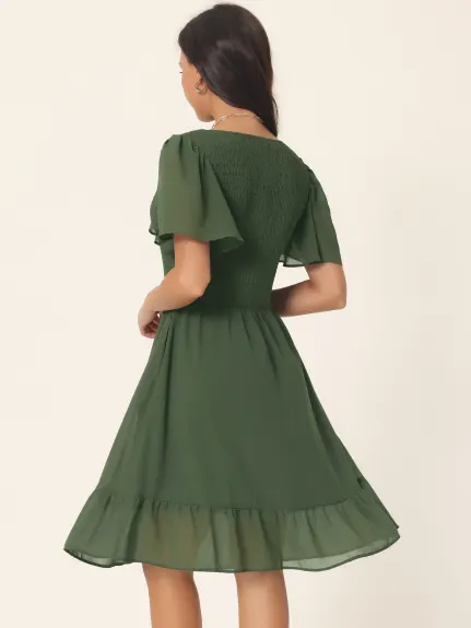 Allegra K - Summer Solid Smocked Chiffon Dress