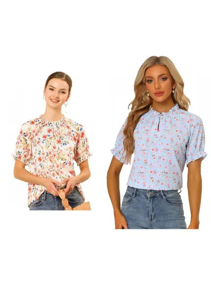 Allegra K- Blouse florale à manches courtes et col à volants