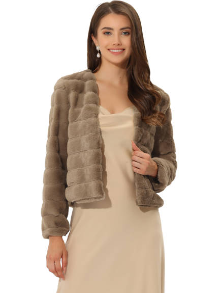 Allegra K- Cropped Collarless Faux Fur Fluffy Coat Jacket