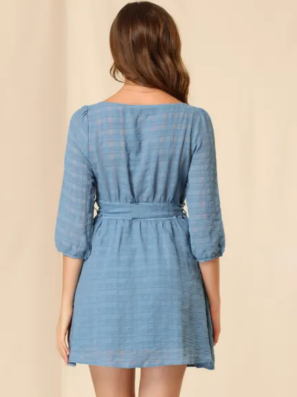 Allegra K- Button Down Tie Waist Textured Checked Dress