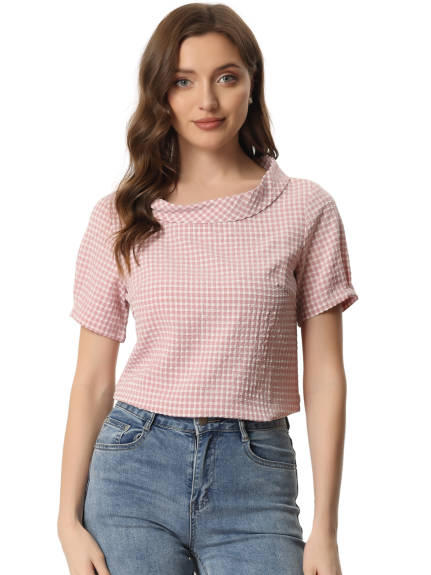 Allegra K - Round Collar Short Sleeve Gingham Top