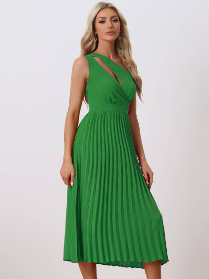 Allegra K- Pleated One Shoulder Cinched Waist Dress