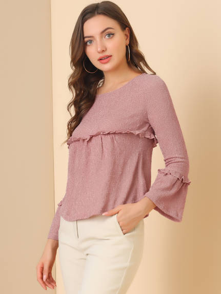 Allegra K - Textured Flare Sleeve Casual Loose Ruffle Top