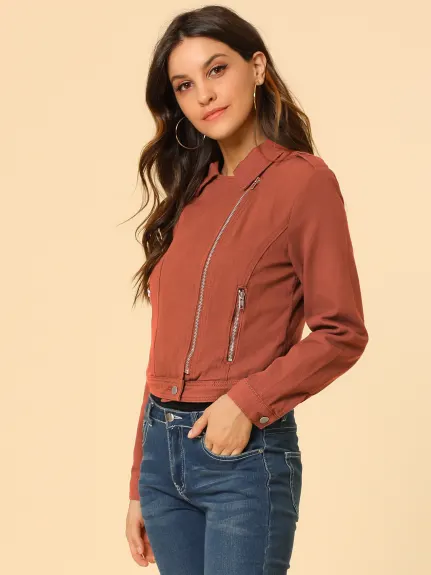 Allegra K- Veste en jean moto asymétrique à revers cranté et fermeture éclair