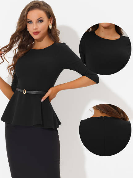 Allegra K- Round Neck 3/4 Sleeve Peplum Top with Belt