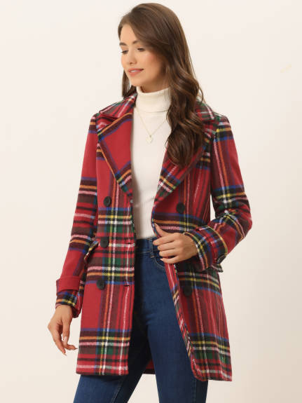 Allegra K- Notched Lapel Double Breasted Plaid Overcoat