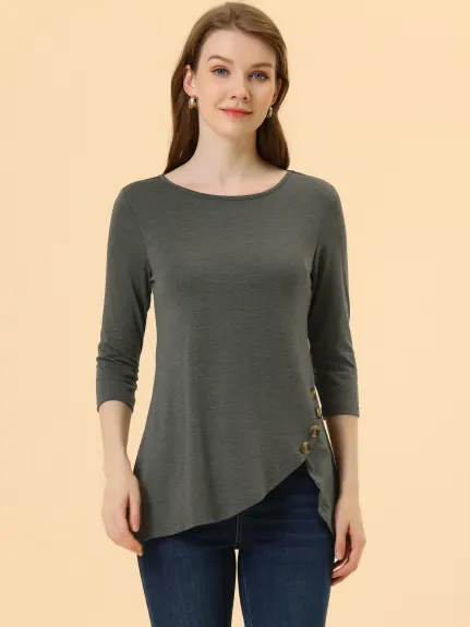 Allegra K- 3/4 Sleeve Tunic Asymmetry Button Top