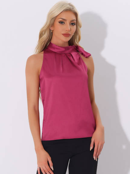 Allegra K - Satin Sleeveless Tie Neck Work Blouse