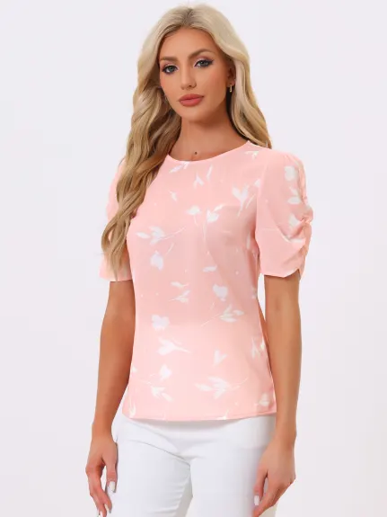 Allegra K- Floral Crew Neck Shirred Short Sleeve Blouse