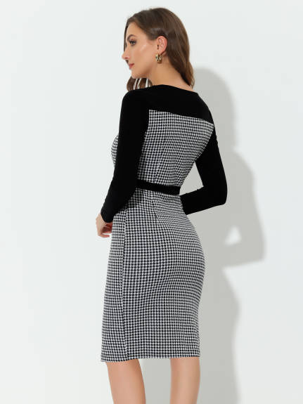 Allegra K- Bodycon Square Neck Contrast Color Plaid Houndstooth Dress