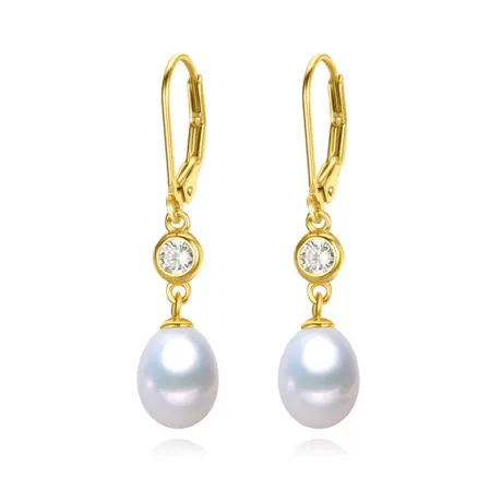 Boucles d'oreilles pendantes en doré avec perle de culture d'eau douce blanche et zircone cubique- Signature Pearls