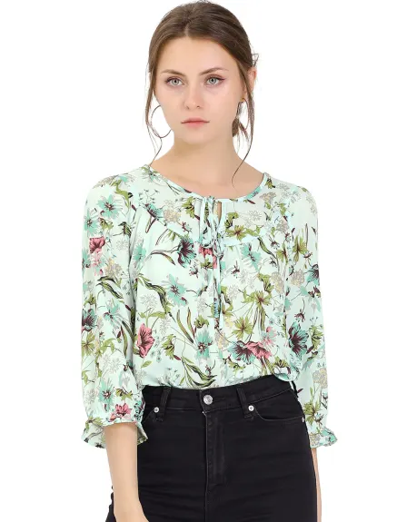 Allegra K- Tie Blouse florale à manches 3/4 et col en V