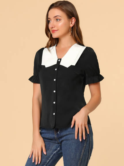 Allegra K- Contrast Butterfly Collar Summer Blouse