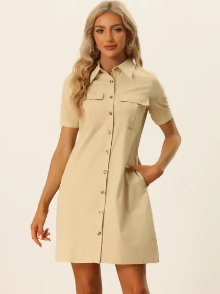 Allegra K- Button Down Safari Pocket Belted Shirt dress