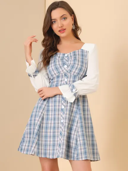 Allegra K- Jolie robe à carreaux avec col en cœur et panneau contrasté