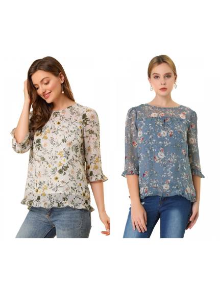 Allegra K- Floral 3/4 Sleeve Ruffle Blouse Pack, GreyBlue Combo1