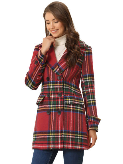 Allegra K- Notched Lapel Double Breasted Plaid Overcoat