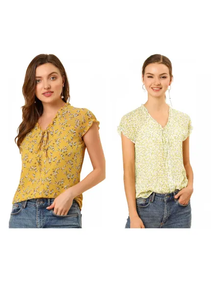 Allegra K- V Neck Summer Floral Chiffon Blouse 2-Pack