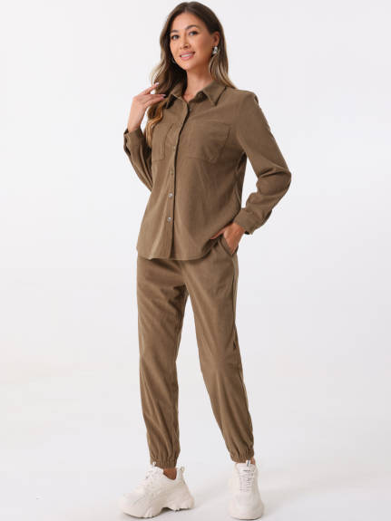 Allegra K - Corduroy Long Sleeve Shirt and Pants 2 Piece Outfits