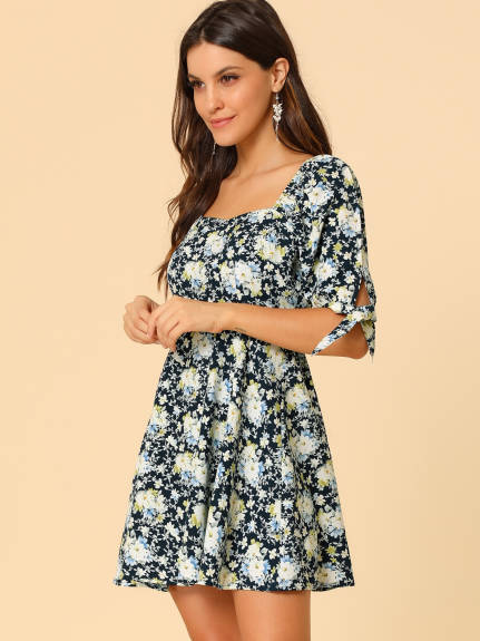 Allegra K- Floral Sweetheart Neck Flare A-Line Mini Dress