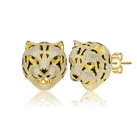 Genevive Sterling Silver 14k Gold Plated with Clear Cubic Zirconia Leopard Head Stud Earrings