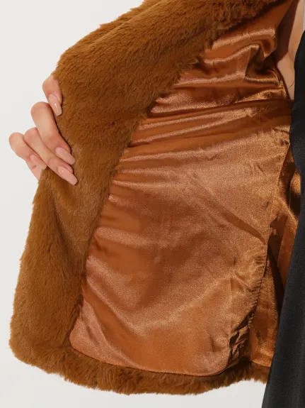 Allegra K- veste courte revers manches longues fausse fourrure manteau moelleux