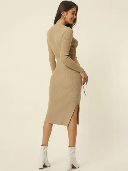 Allegra K- V Neck Ruched Drawstring Waist Side Slit Knit Bodycon Midi Sweater Dress