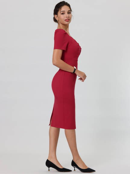 Hobemty- Sweetheart Neck Puff Short Sleeve Sheath Dress