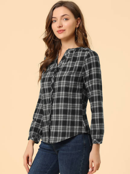 Allegra K- Plaid V Neck Long Sleeve Blouse Shirt