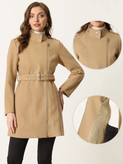 Allegra K - Stand Collar Zip Up Winter Trench Coat