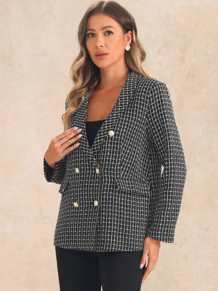 Allegra K - Tweed Button Front Plaid Blazer